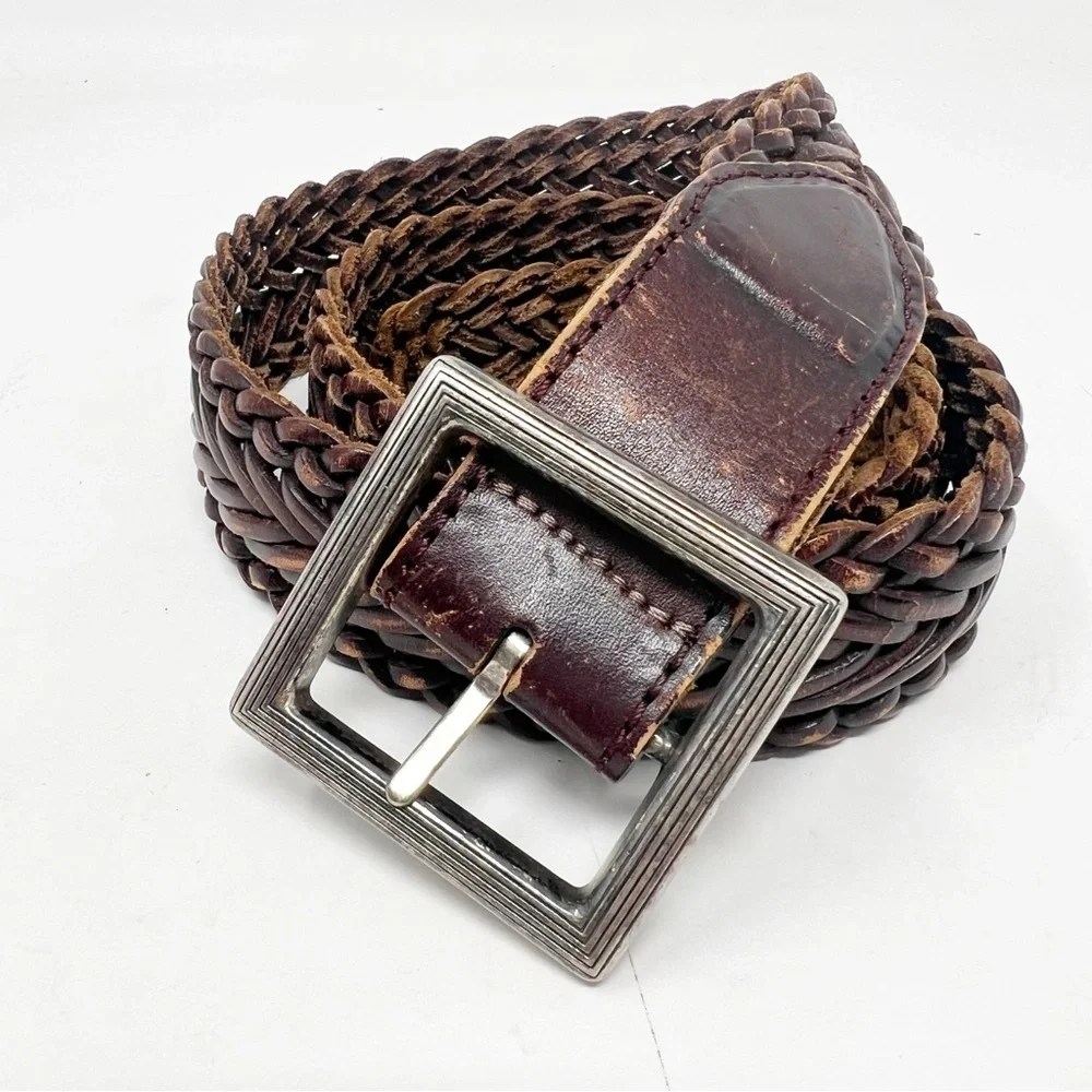 UNBRANDED BROWN LEATHER BRAIDED VINTAGE BELT WITH SILVER BUCKLE SZ 32